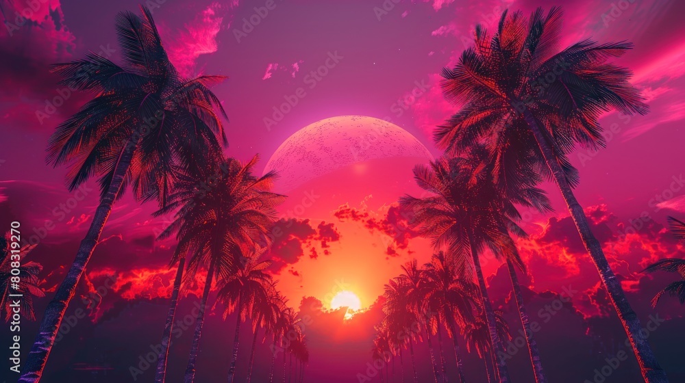 A sunset over a tropical beach with palm trees. The sky is pink and the sun is setting