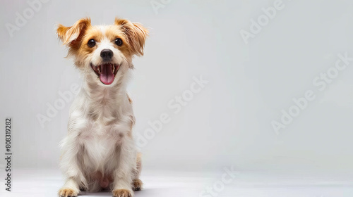 A small dog sitting on a white background.