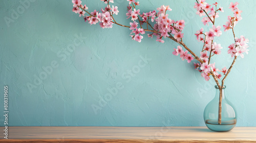 Wooden shelf with blooming sakura branches in vase