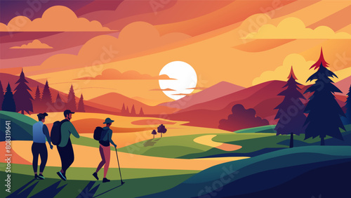 A serene scene of golfers walking along the course the sky a canvas of vibrant colors as the sun sets behind them.. Vector illustration © Justlight