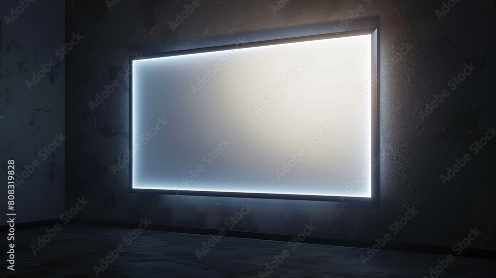This realistic 3D vector mockup showcases a TV or cinema screen, set against a dark wall background, providing space for video displaying or advertising. This realistic 3D vector mockup showcases a TV or cinema screen, set against a dark wall background, providing space for video displaying or advertising.