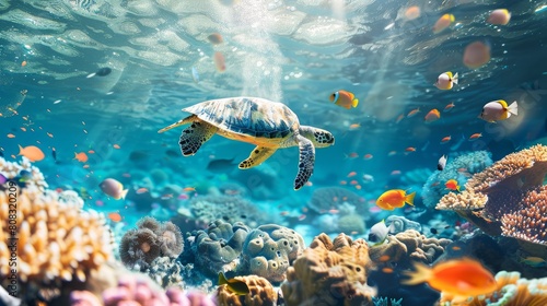 Underwater shot of a hawksbill turtle among beautiful coral reef and tropical fish photo