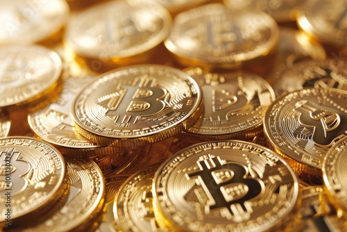 Bitcoin gold coins with blurred financial chart background for cryptocurrency market analysis