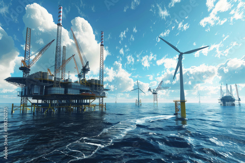 The vast ocean with several wind turbines and an oil rig under construction, creating green energy for the world. Blue sky background. Photorealistic photo