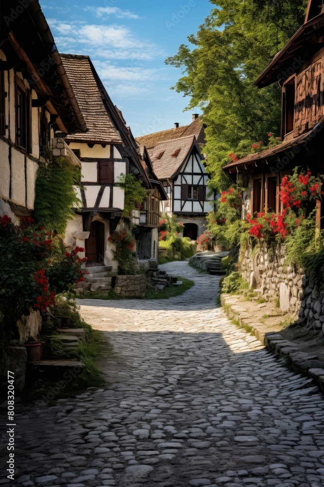 Charming cobblestone street in a picturesque european village