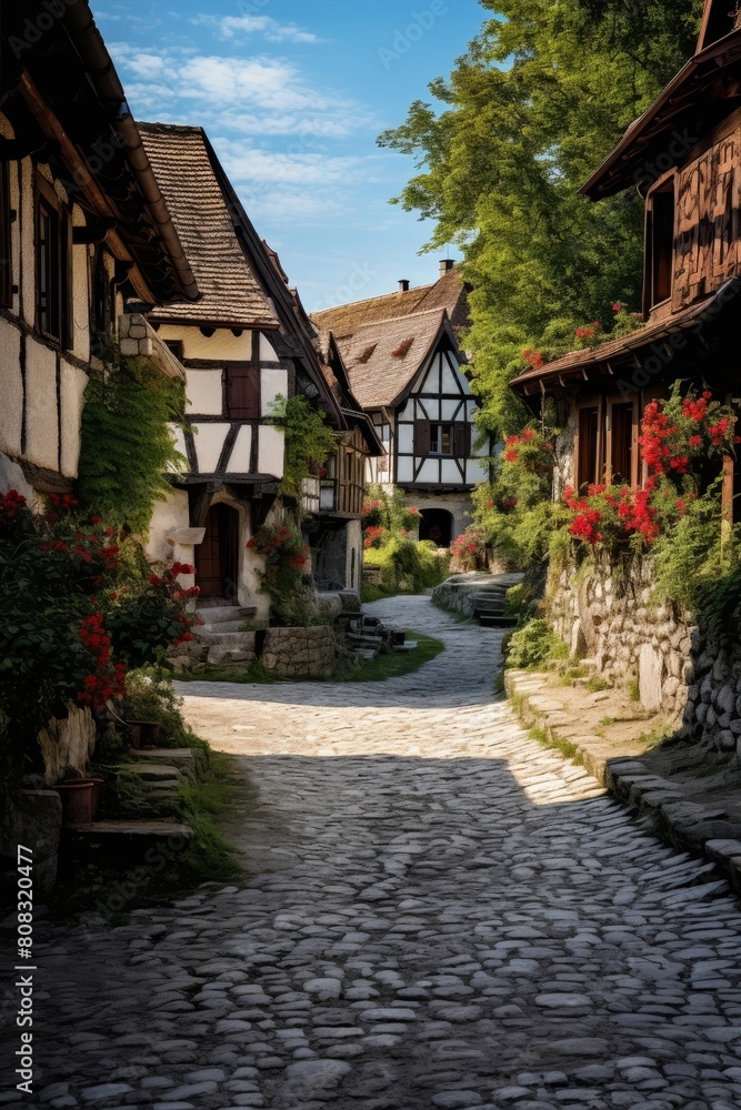 Naklejka premium Charming cobblestone street in a picturesque european village