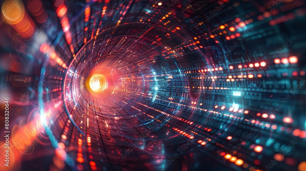 Fototapeta premium A colorful, glowing tunnel with a bright yellow light at the end