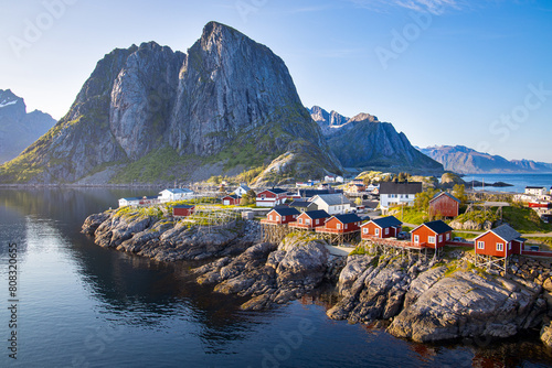 Amazing Lofoten Islands. Hamnøy, Norway. Typical tourist view. photo