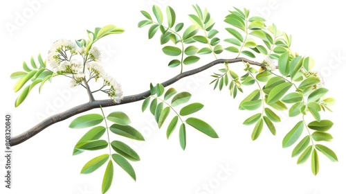 Blossoming acacia with leafs isolated on white back realistic
