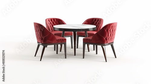 A modern dining room setting featuring red chairs is isolated with a clipping path included.
