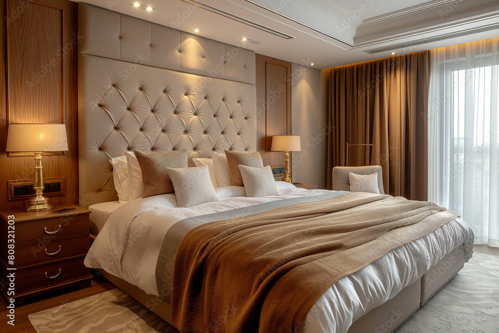 Luxurious bedroom interior with elegant decor and lighting