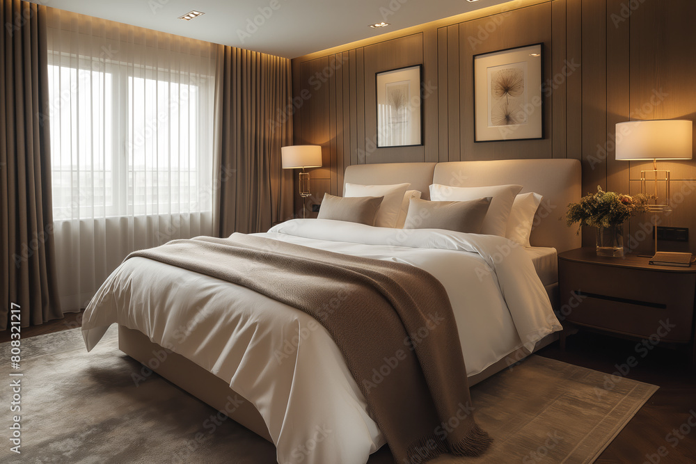 Elegant modern bedroom with warm lighting and cozy furnishings