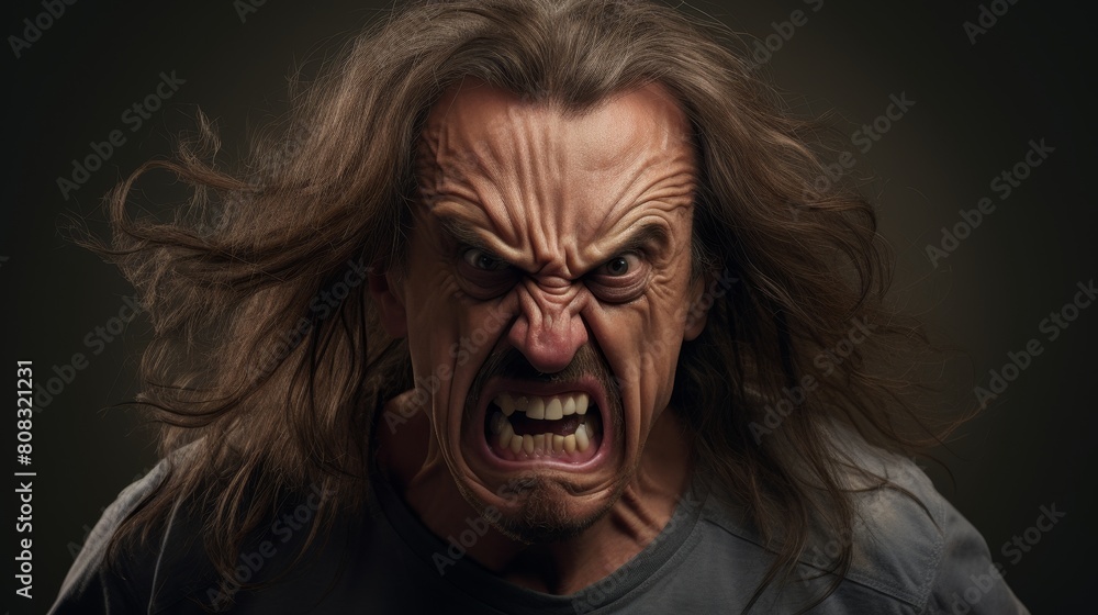 Angry and aggressive man with wild hair Angry and aggressive man with wild hair