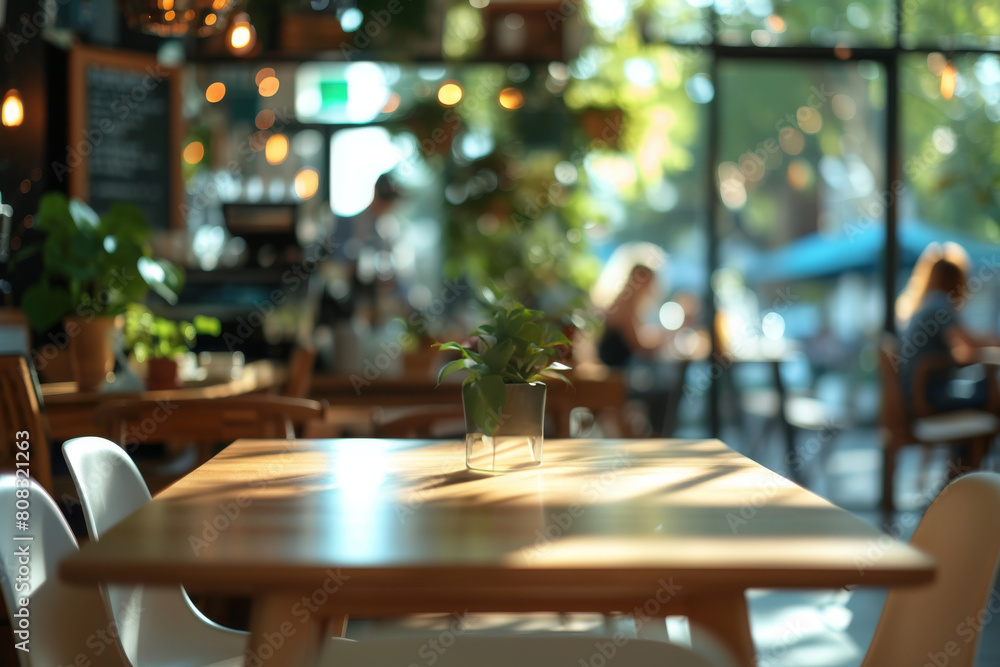 Modern co-working building relaxation lounge are or spacious bright cafe. Closeup to wooden table with chairs and blurred background with cafe area and barista serving organic drinks Modern co-working building relaxation lounge are or spacious bright cafe. Closeup to wooden table with chairs and blurred background with cafe area and barista serving organic drinks