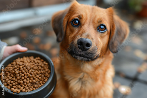 Adorable brown dog receiving food from owner outdoors