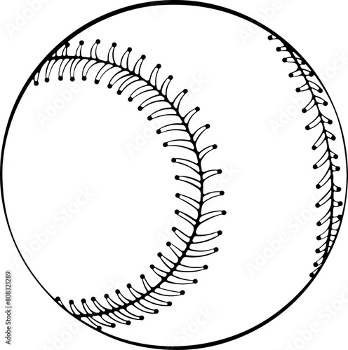 Baseball ball with stitches. Softball sport club. Vector illustration in hand drawn sketch doodle style. Line art graphic sports equipment isolated on white. Design for coloring book, print