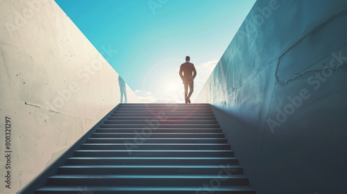 Ambitious business man climbing stairs to meet incoming challenge and business opportunity. The high stair represents the concept of career path success, future planning and business competitions. photo
