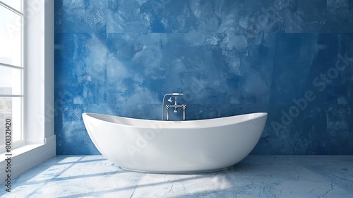 Blue and white bathroom white tub side realistic