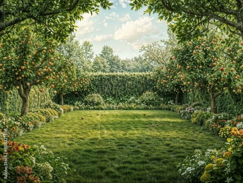 Enchanting Orchard Garden with Lush Trees and Blooming Flowers in Sunlight