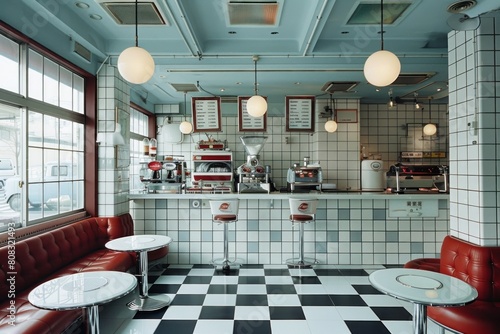 The image shows a retro-style diner with a blue and white checkered floor, red leather booths, and a counter with a white marble top.