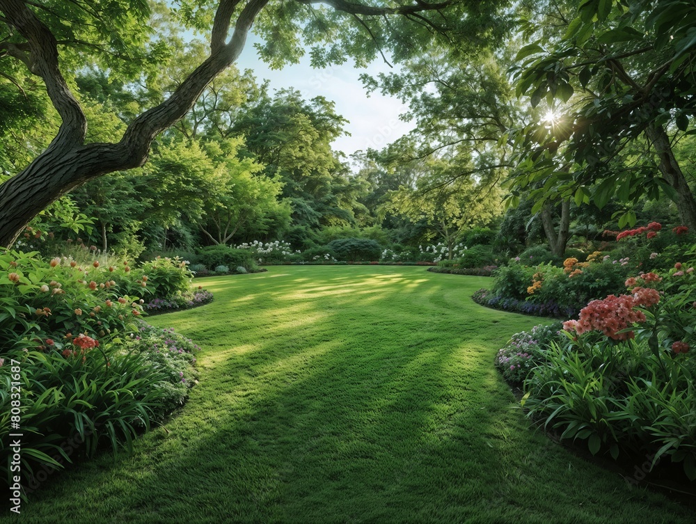 Lush Green Garden at Sunset with Vibrant Flowers and Majestic Trees Lush Green Garden at Sunset with Vibrant Flowers and Majestic Trees