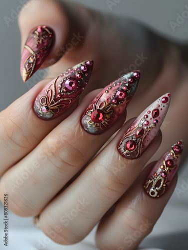 Closeup of womans creative nail design in shades of pink and magenta