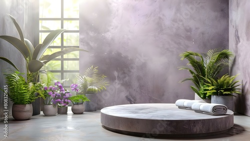 Sustainable Bathroom with Plants and Towels  Featuring an Empty Round Podium. Concept Bathroom Decor with Plants  Sustainable Towels  Empty Round Podium