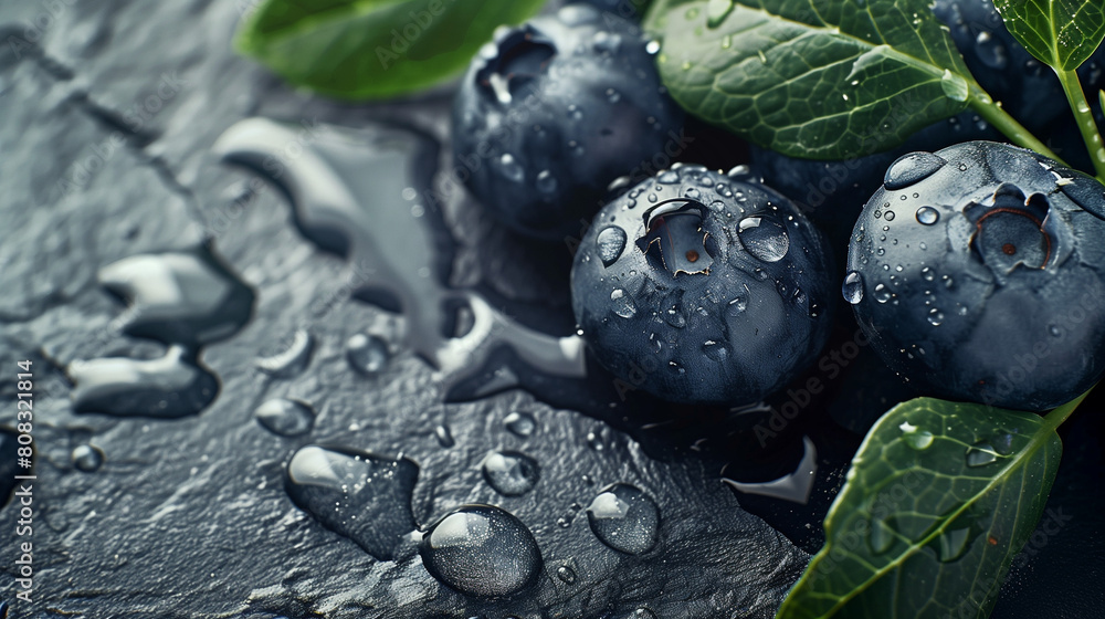 fresh blueberries with water drops on them and green leaves next to them on black stone background fresh blueberries with water drops on them and green leaves next to them on black stone background