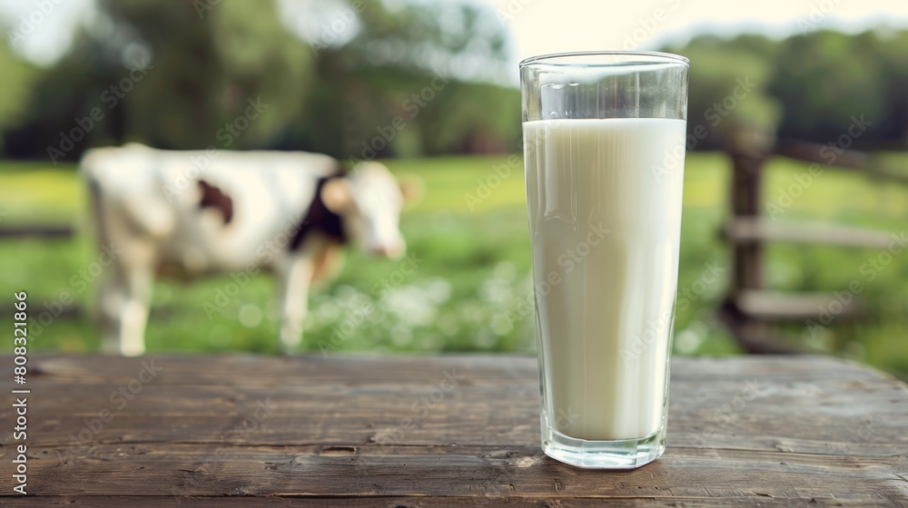 A glass of milk is placed on a wooden table, with a cow in the background. A glass of milk is placed on a wooden table, with a cow in the background.