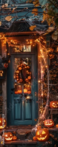The photo shows a spooky Halloween-decorated front door