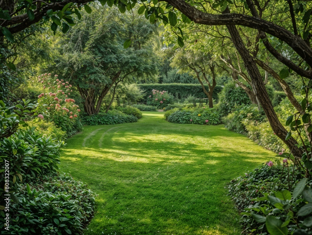 Serene Garden Path Lined with Lush Greenery and Colorful Flowers