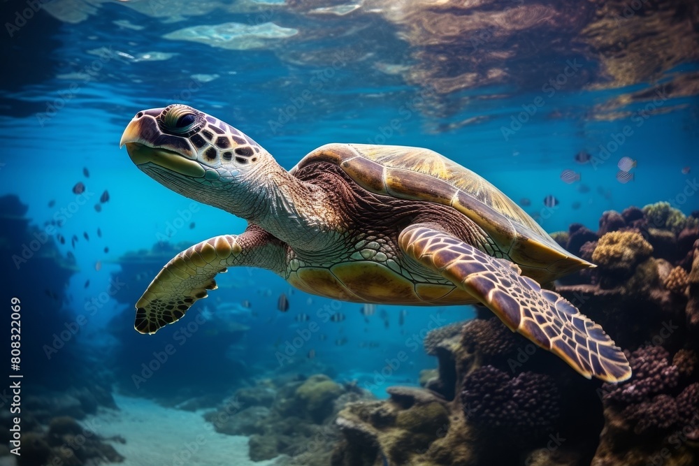 Obraz premium Underwater view of a sea turtle swimming in a coral reef