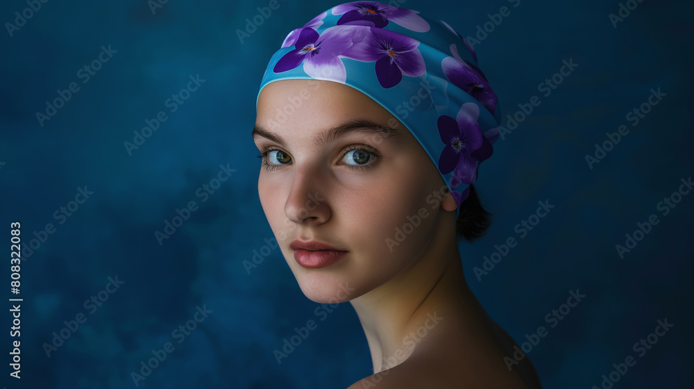 Poster with a portrait of a young sportswoman in a swimming cap decorated with violets, dark blue background, concept for sport and health advertising Poster with a portrait of a young sportswoman in a swimming cap decorated with violets, dark blue background, concept for sport and health advertising