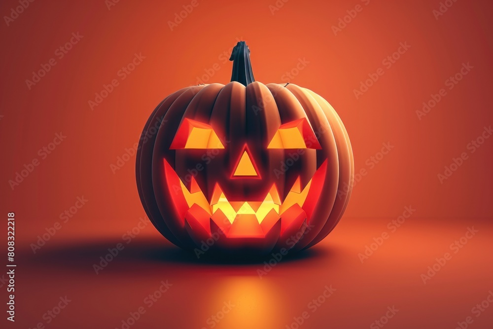 This is a picture of a jack-o-lantern. It has a carved face with a smile and two teeth. It's lit by a candle inside. The background is dark orange. This is a picture of a jack-o-lantern. It has a carved face with a smile and two teeth. It's lit by a candle inside. The background is dark orange.
