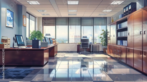 Contemporary office room interior with computer hyper realistic 