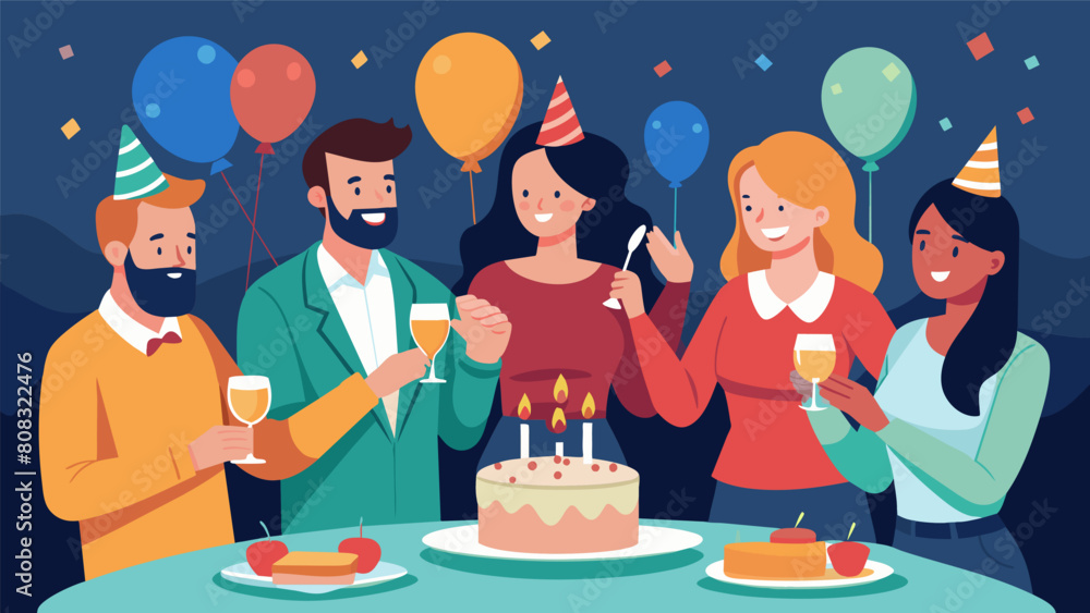 A group of friends gather at a fancy restaurant to celebrate a milestone birthday but one friend is missing. They couldnt join because they are. Vector illustration A group of friends gather at a fancy restaurant to celebrate a milestone birthday but one friend is missing. They couldnt join because they are. Vector illustration