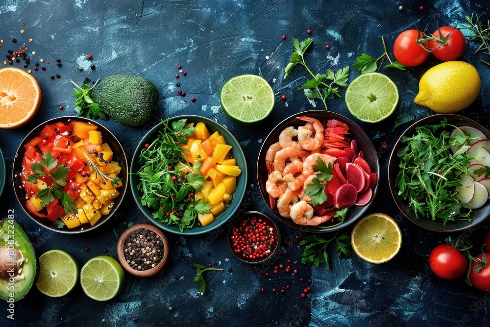 Various healthy bowls with fresh ingredients on a blue background.