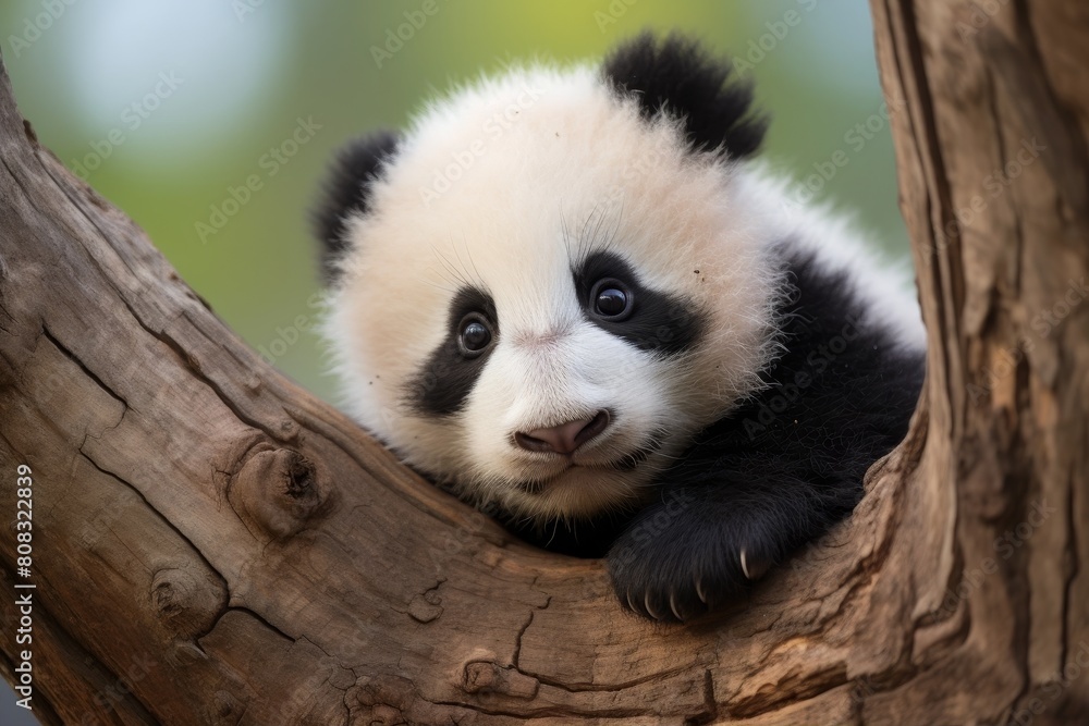 Adorable panda bear cub in tree Adorable panda bear cub in tree