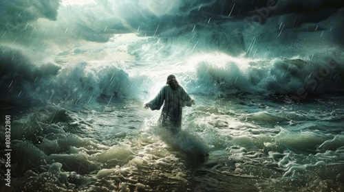 Jesus walks on water during a storm at sea waves ocean miracle. hyper realistic 