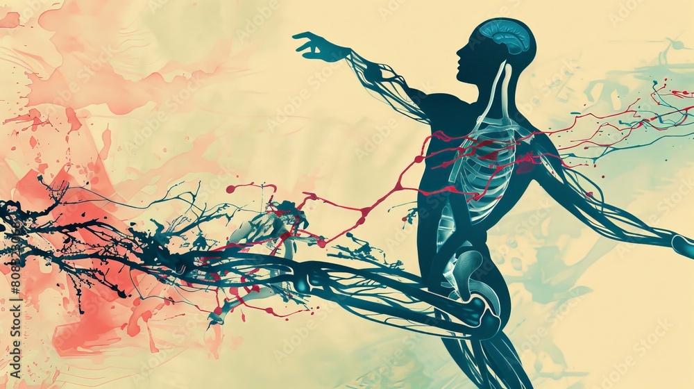 Contemporary dancer's silhouette filled with swirling lines representing the circulatory and nervous systems Contemporary dancer's silhouette filled with swirling lines representing the circulatory and nervous systems