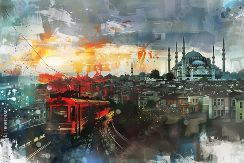 Landscape at the sunset of Istanbul, Turkey - mosque, bosphorus, Expressionism style © happy_finch