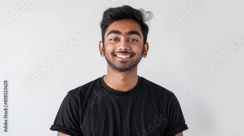People positive emotions concept. Studio waist up of young happy smiling broadly Hindu man standing in centre isolated on white background wearing black casual t shirt looking straight at camera photo