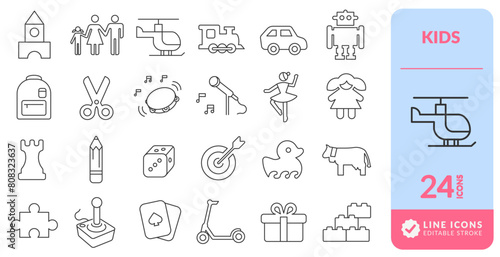 Set of kids icons with children's themes ballerina toys doll helicopter cart scooter kitty tambourine school accessories robot and assembly parts
Vector illustration.