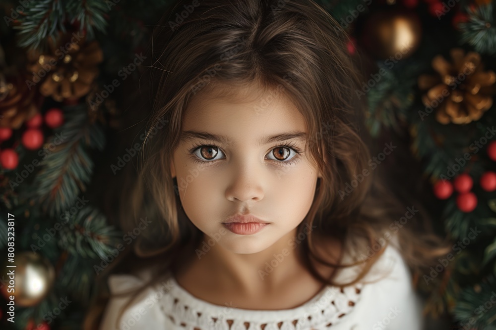 A cute child with a happy face, surrounded by fir branches with toys. The concept of winter holidays. A cute child with a happy face, surrounded by fir branches with toys. The concept of winter holidays.
