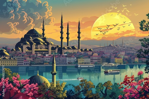Sunset landscape of Istanbul, Turkey - mosque, bosphorus photo