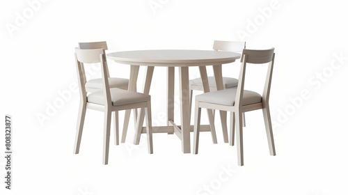 A white wooden round dining table with four chairs  representing modern designer furniture  isolated on a white background.