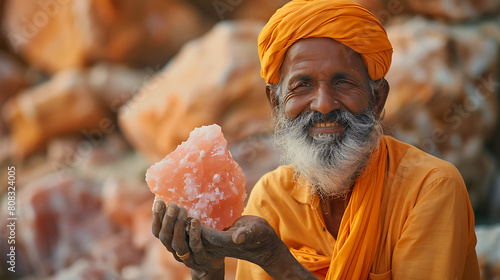 Smiling Indian man with colorful turban is proudly showing off large pink himalayan salt crystal. His expression is one of pride and joy as warm glow of sunset illuminates his face and salt 