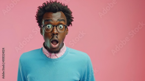puzzled african american man in blue sweater in amazement on pink isolated background, confused and stunned man hyper realistic  photo