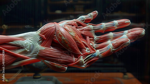An immersive 360-degree panorama of the muscles of the hand, including the intrinsic and extrinsic muscles, showcasing their photo