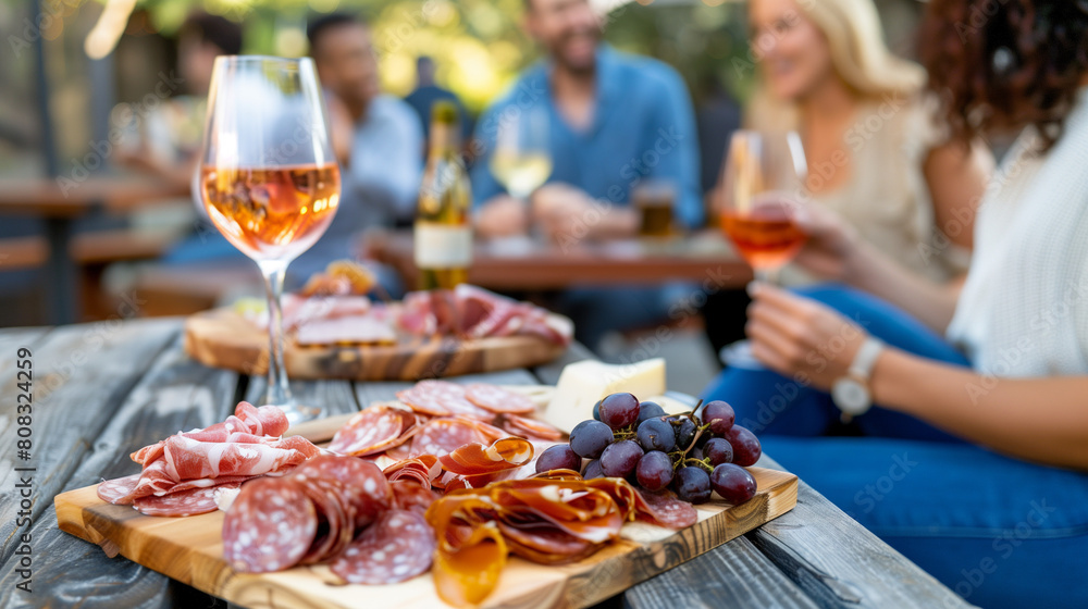 An ethnically diverse group of friends enjoying wine and charcuterie in an outdoor restaurant on a sunny day